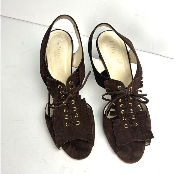 Bettye Muller Brown Suede High Heels Sandals Lace Up with Fringes Italy 40 US 10 - Picture 3 of 15